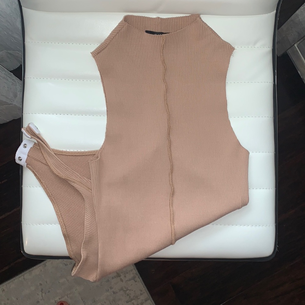 Lulus, tan bodysuit, sleeveless